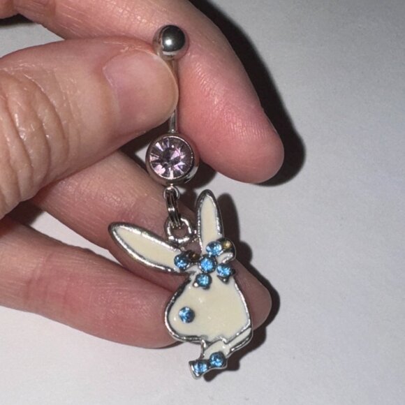 Pink and Blue Play boy-looking Bunny Dangle Belly Ring - Picture 12 of 16